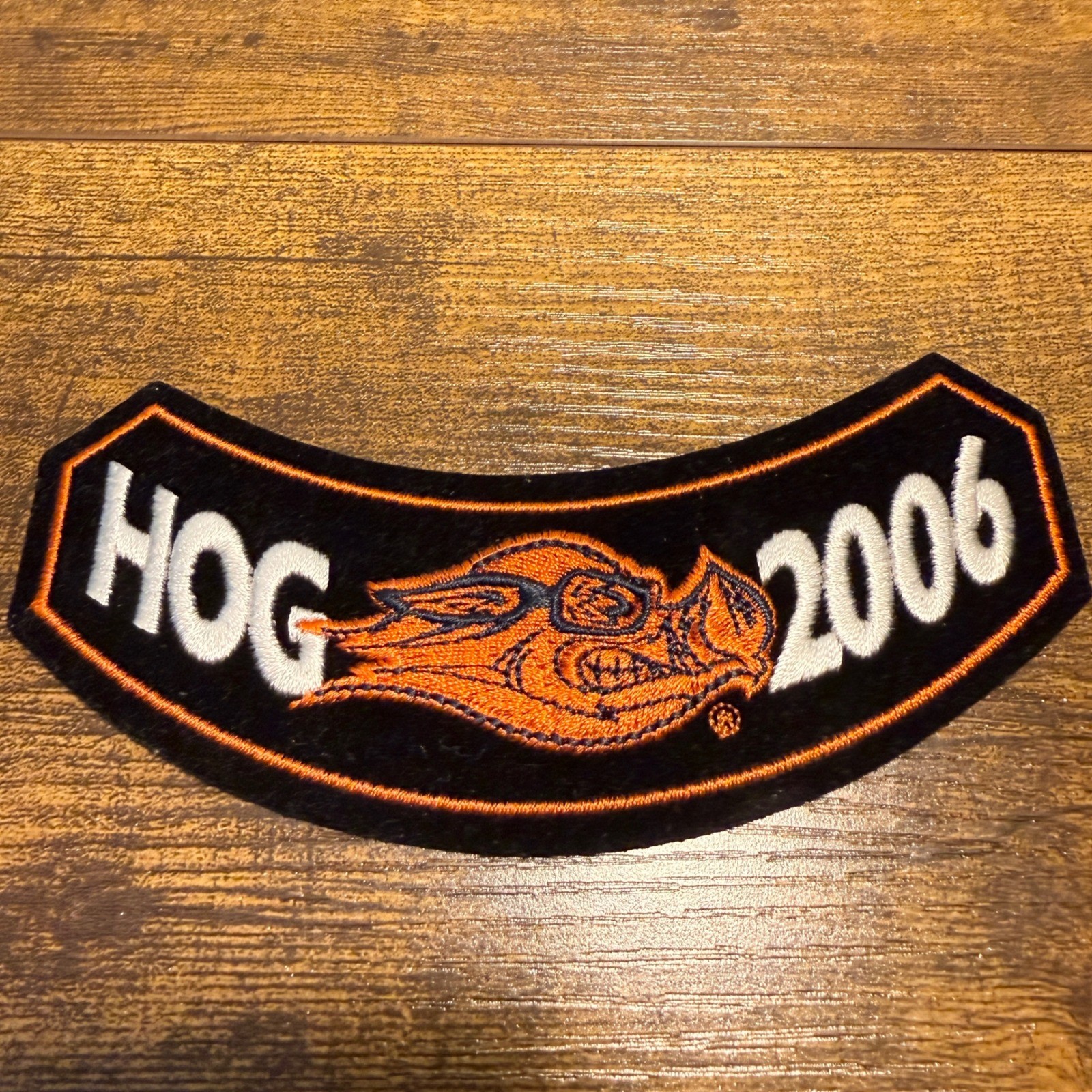 Vtg Harley Owners Group HOG Head 2006 Embroider Rocker Patch Black Orange Biker