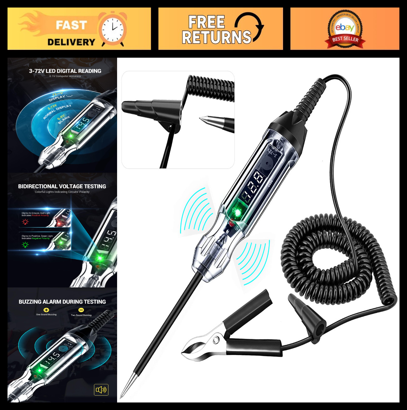 Heavy Duty Digital LED Circuit Tester 3-72V, Buzzer & Dual Color Polarity Light