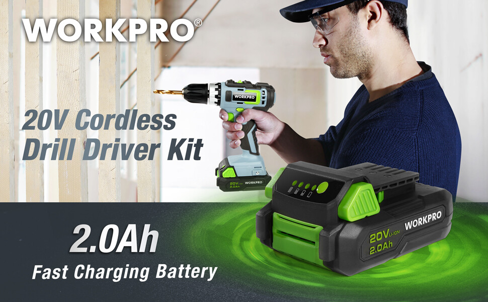 20V 3/8" Cordless Drill/Driver Kit 18+2 Torque Variable Speed 2A Battery Charger