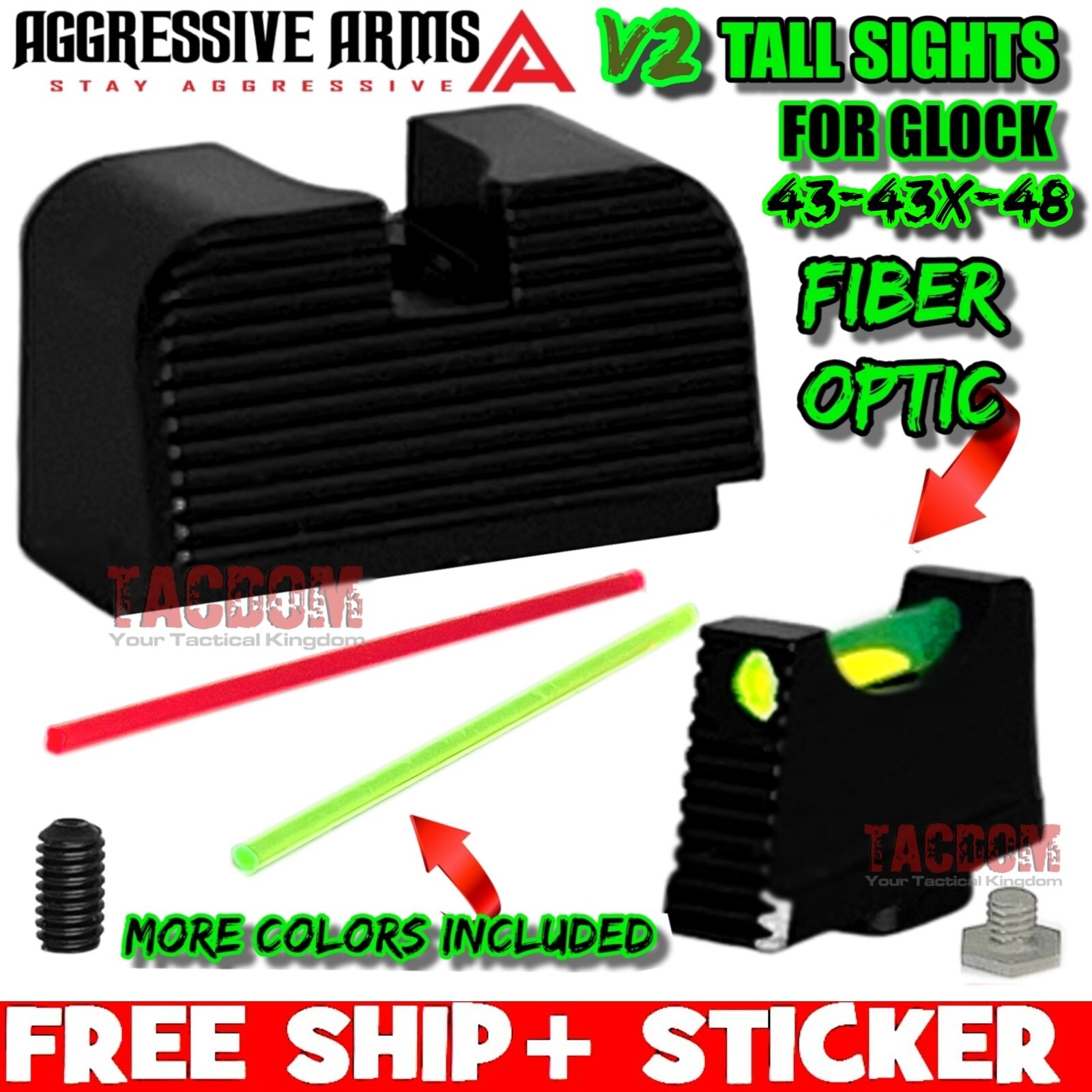 AGGRESSIVE ARMS STEEL V2 TALL FIBER Height Sights for GL0CK 43 43X 48 CO-WITNESS