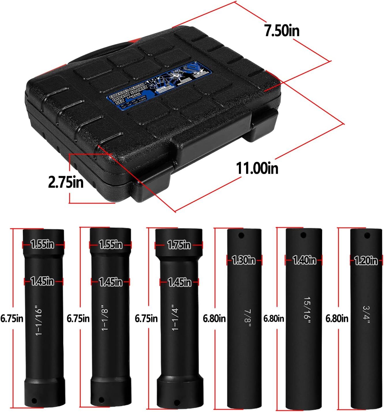 1/2 Inch Drive Heavy Duty Extra-Deep Length Impact Socket Set with Storage Case