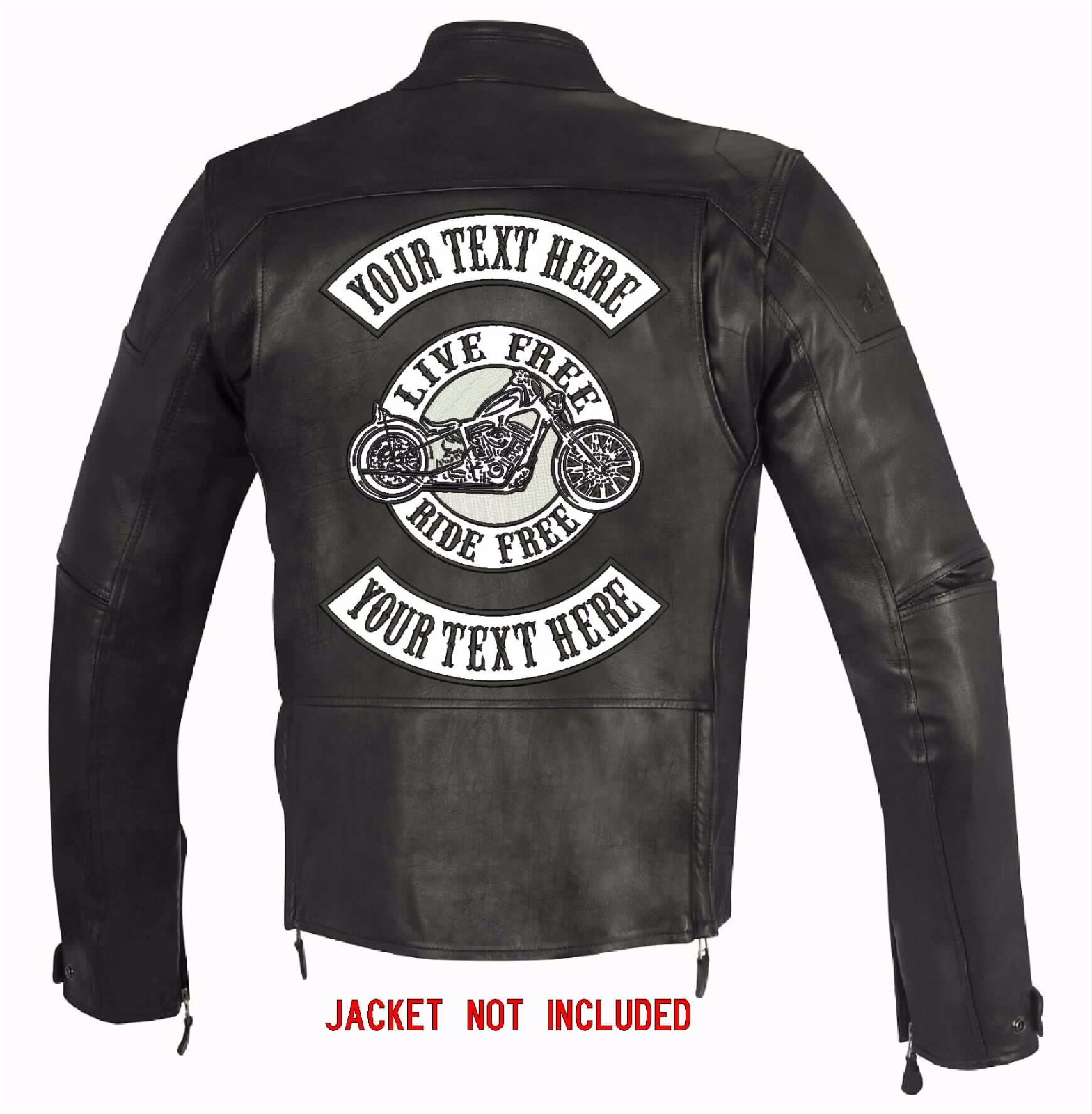 CUSTOM EMBROIDERED 3pc MC ROCKER PATCH SET TOP BOTTOM CENTER MOTORCYCLE WHT/BLK