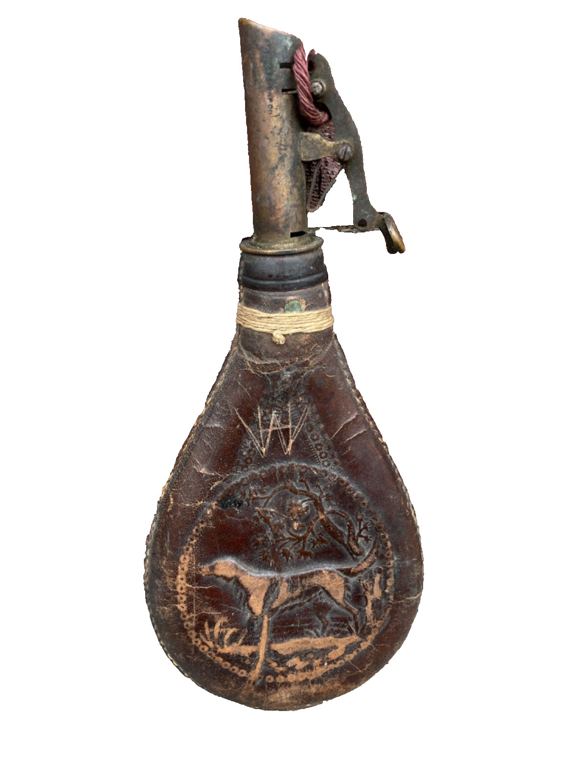 ANTIQUE AM FLASK & CO 3 LB SHOT POWDER HORN FLASK LEATHER DOG STAMP PATTERN