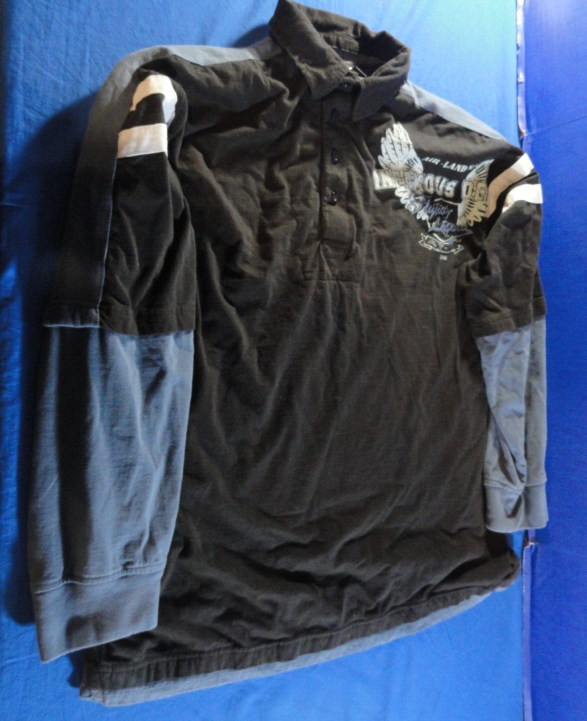 AIR LAND SEA INFAMOUS FLYING LEGEND BLACK BLUE LAYERED LONG SLEEVE POLO SHIRT XL