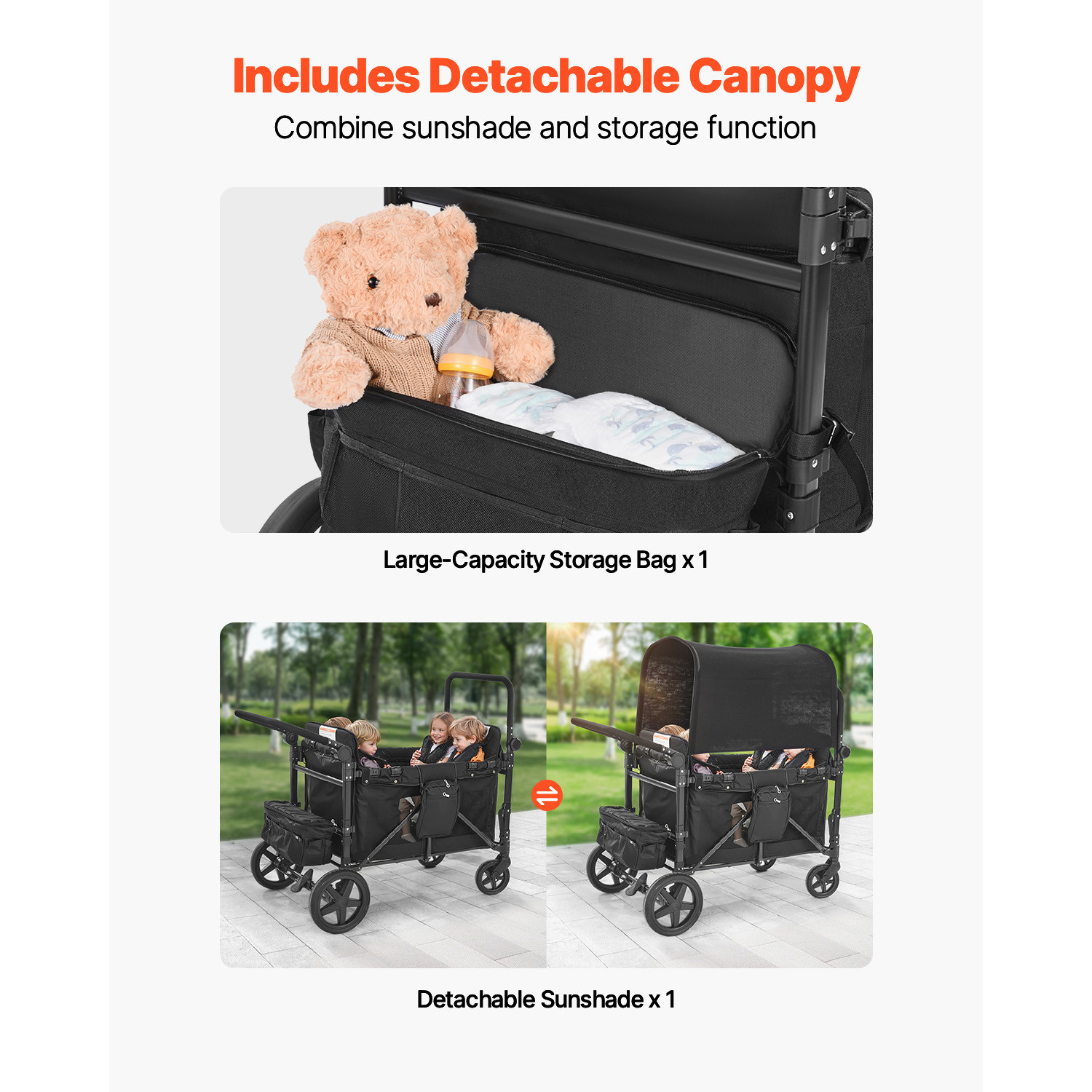Wagon Stroller 4 seater Push Pull Quad Collapsible Stroller 330LBS with Canopy