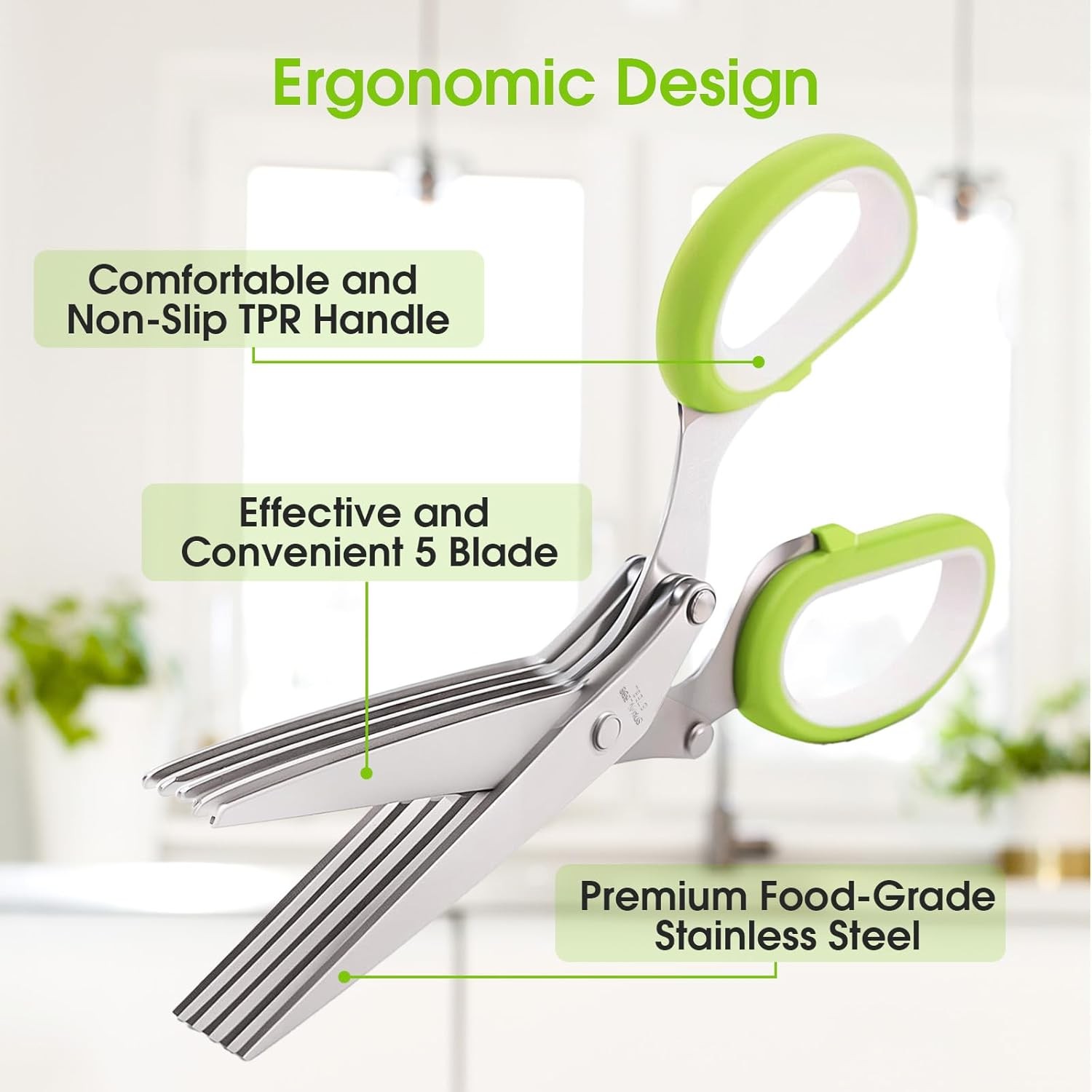 Herb Scissors 5 Blade Kitchen Shears with Cover Dishwasher Safe Green