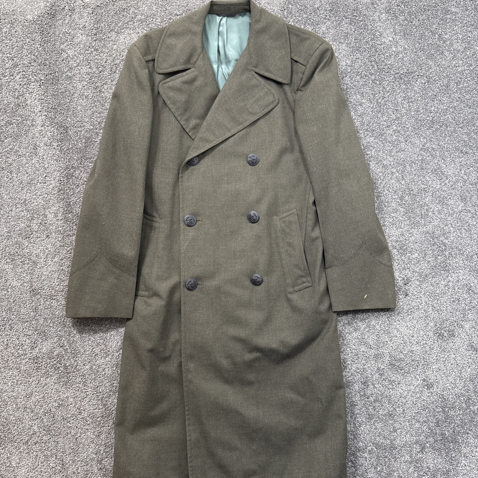 VTG Mens 38 US Military Mens Long Overcoat Wool DLA100-80-C-2736 Serge Green