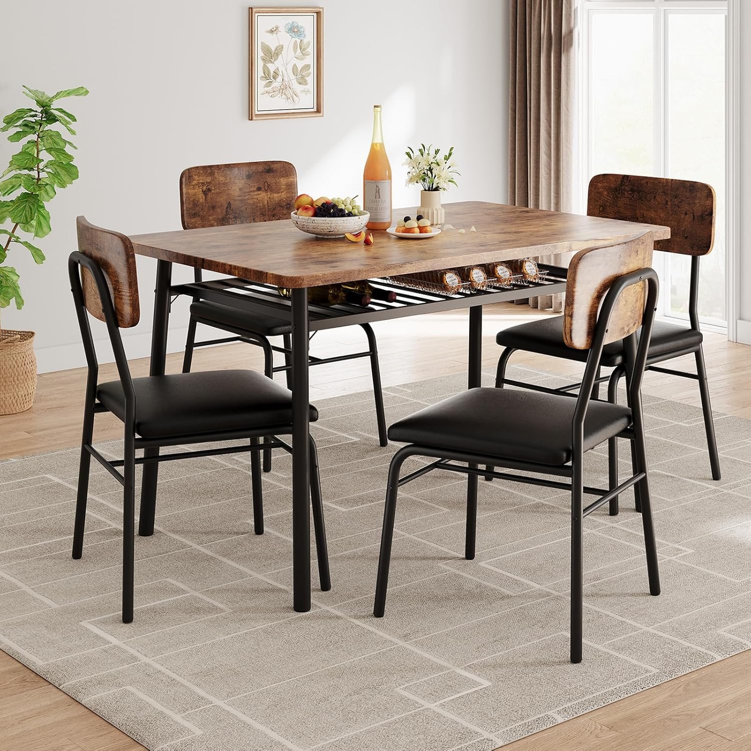 5-Piece Dining Table Set for 4 w/ Storage Rack,Wood Tabletop & Upholstered Chair