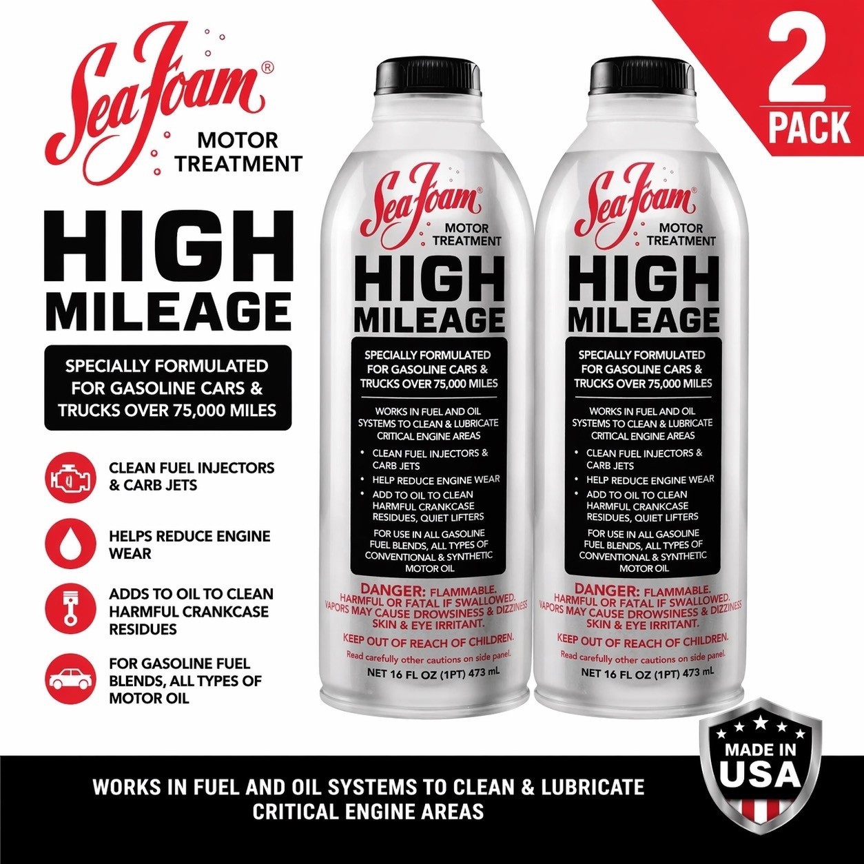 NEW ⭐ 2-Pack ⭐ Sea Foam High Mileage HM16 Gasoline Fuel and Oil Treatment 16oz
