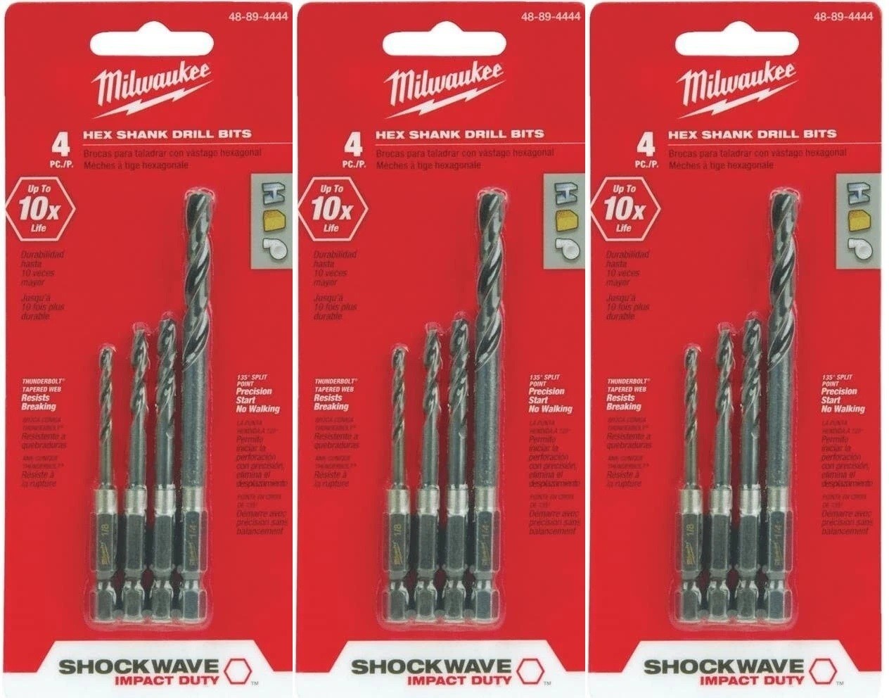 3 Pack -MILWAUKEE 48-89-4444 Milwaukee Shockwave Impact Hex Shank Drill Bit Set