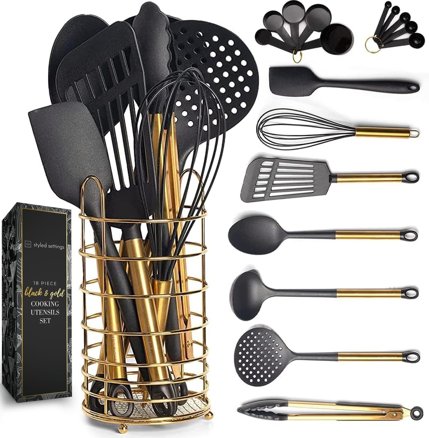 Black and Gold Kitchen Utensils Set with Stainless Steel Holder – 18-Piece Ny...