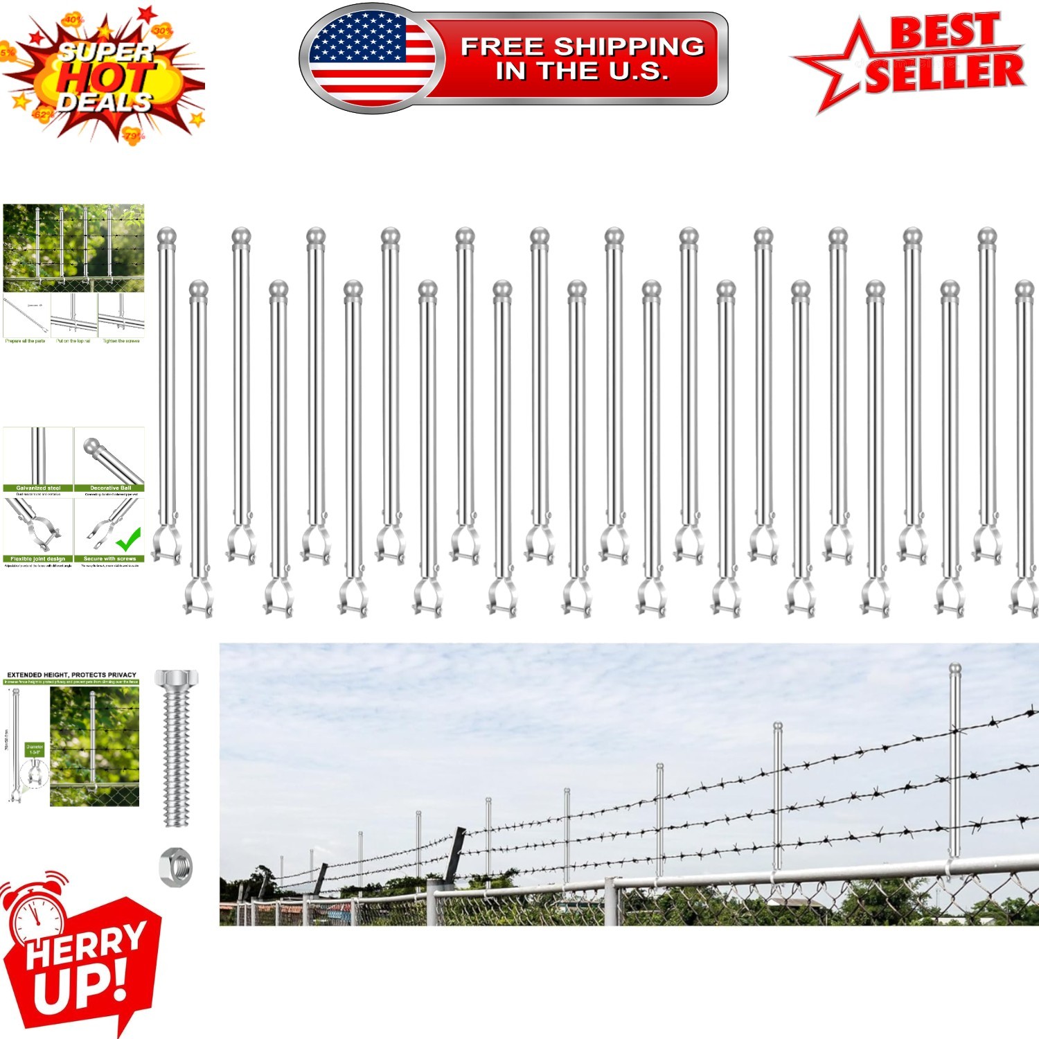 Galvanized Steel 9 Pcs Fence Post Extenders - 20 Inch Height for Dogs & Security