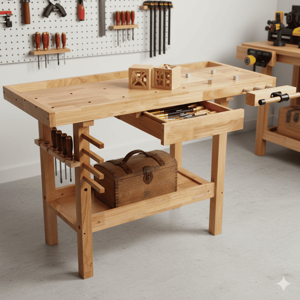 48"Solid Rubberwood Workbench 330lb Heavy Duty Woodworking Table w/Vise & Drawer