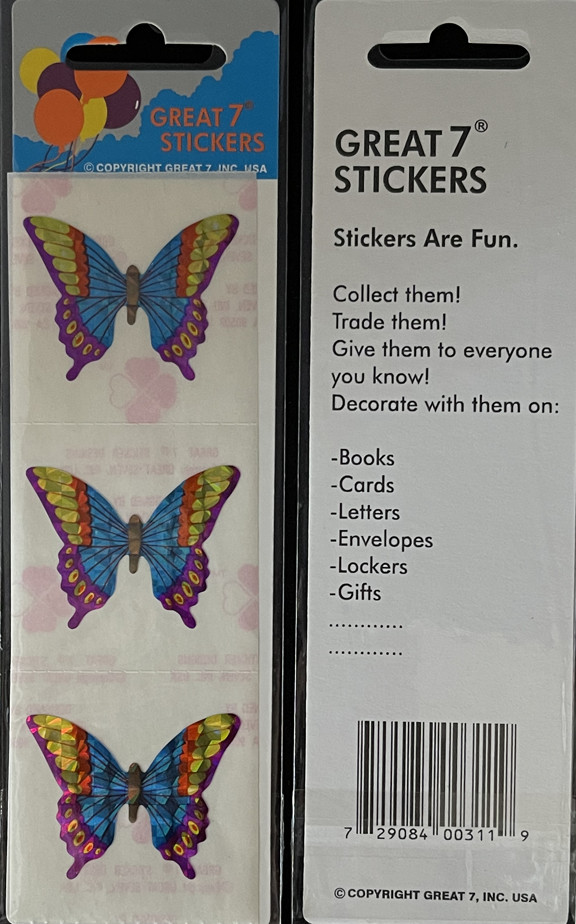12 packages of Prismatic Butterfly Stickers, "Great 7" Sticker Designs, PPZ3810