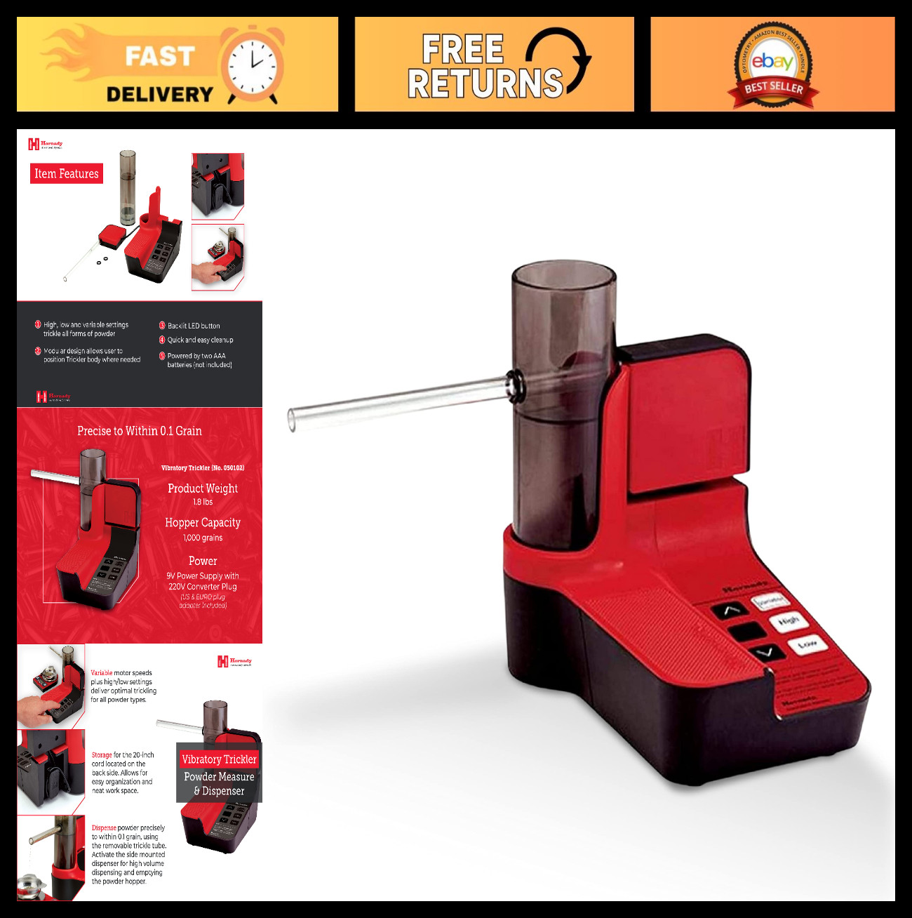 Electric Powder Trickler for Reloading - Adjustable High/Low Settings, Fast & Ac