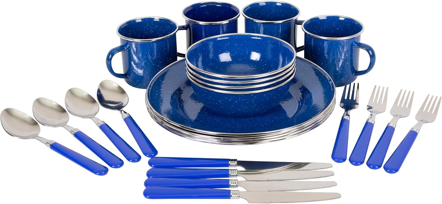Deluxe 24-Piece Enamel Tableware Set Enamel Plates & Bowls Lightweight & Durable