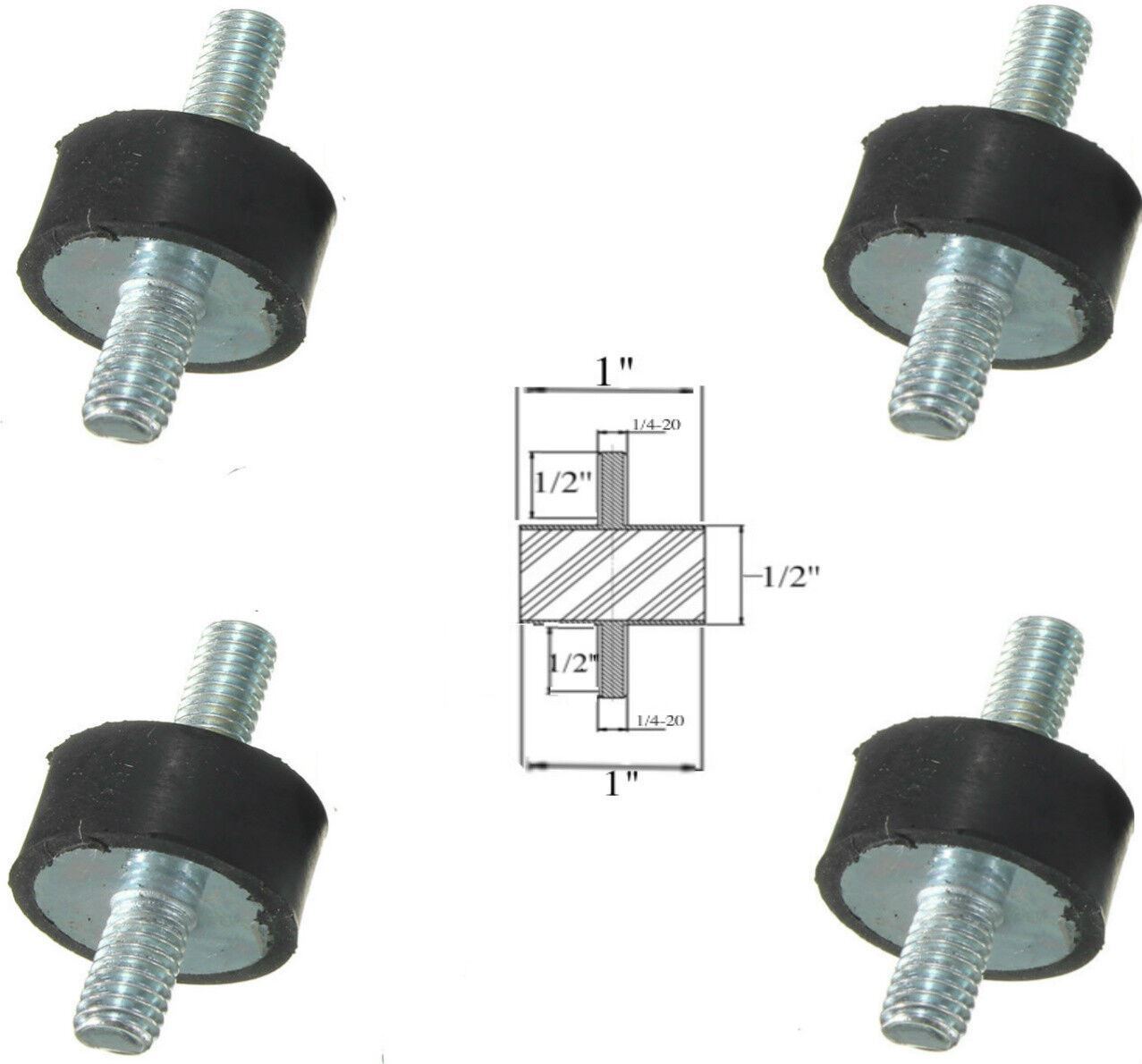 4 Rubber Vibration Isolator Mounts (1" Dia x 1/2'' Thk) 1/4-20 x 1/2" Long Stud