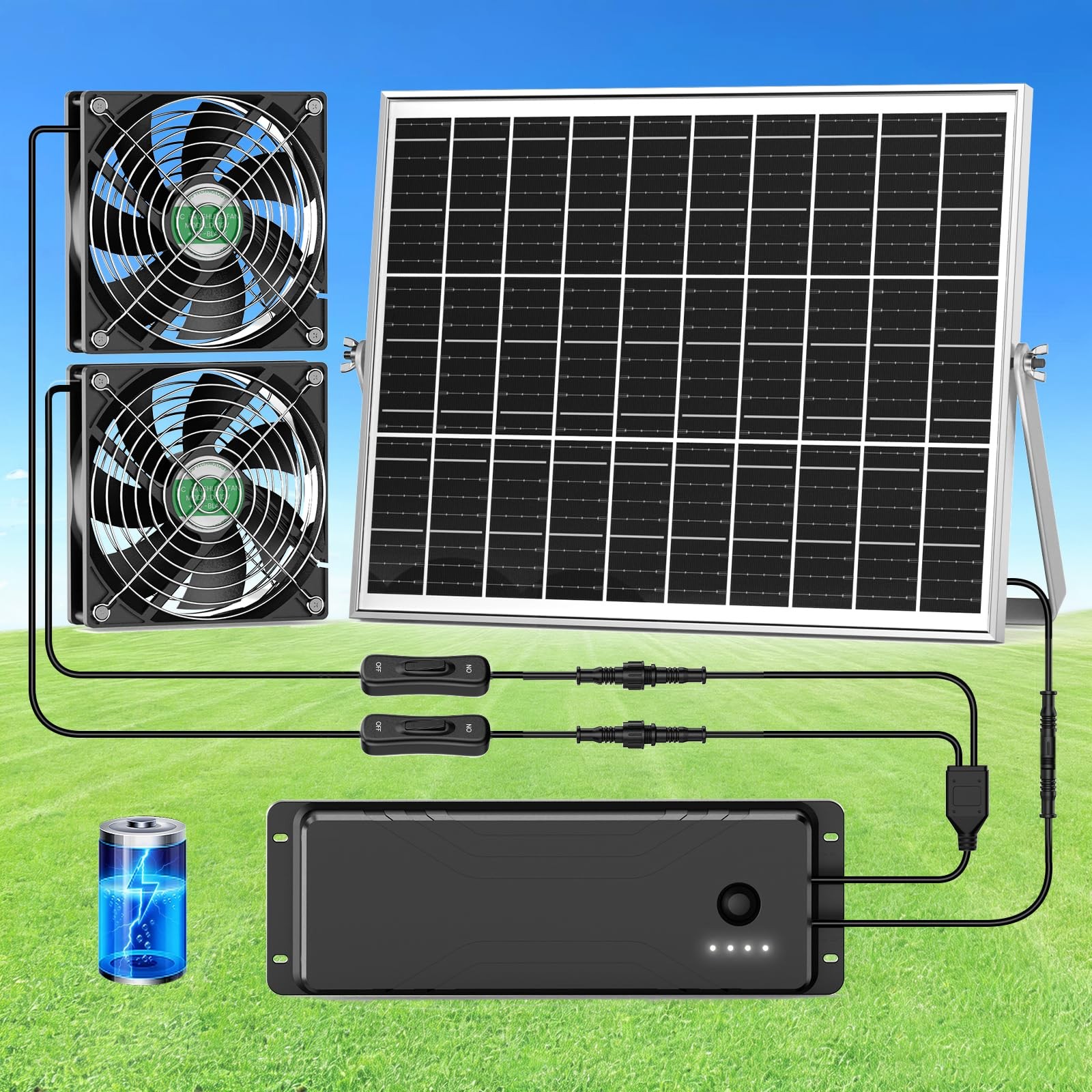 "Rechargeable Solar Fan for Greenhouse, Coop, Shed & Outdoor Ventilation"