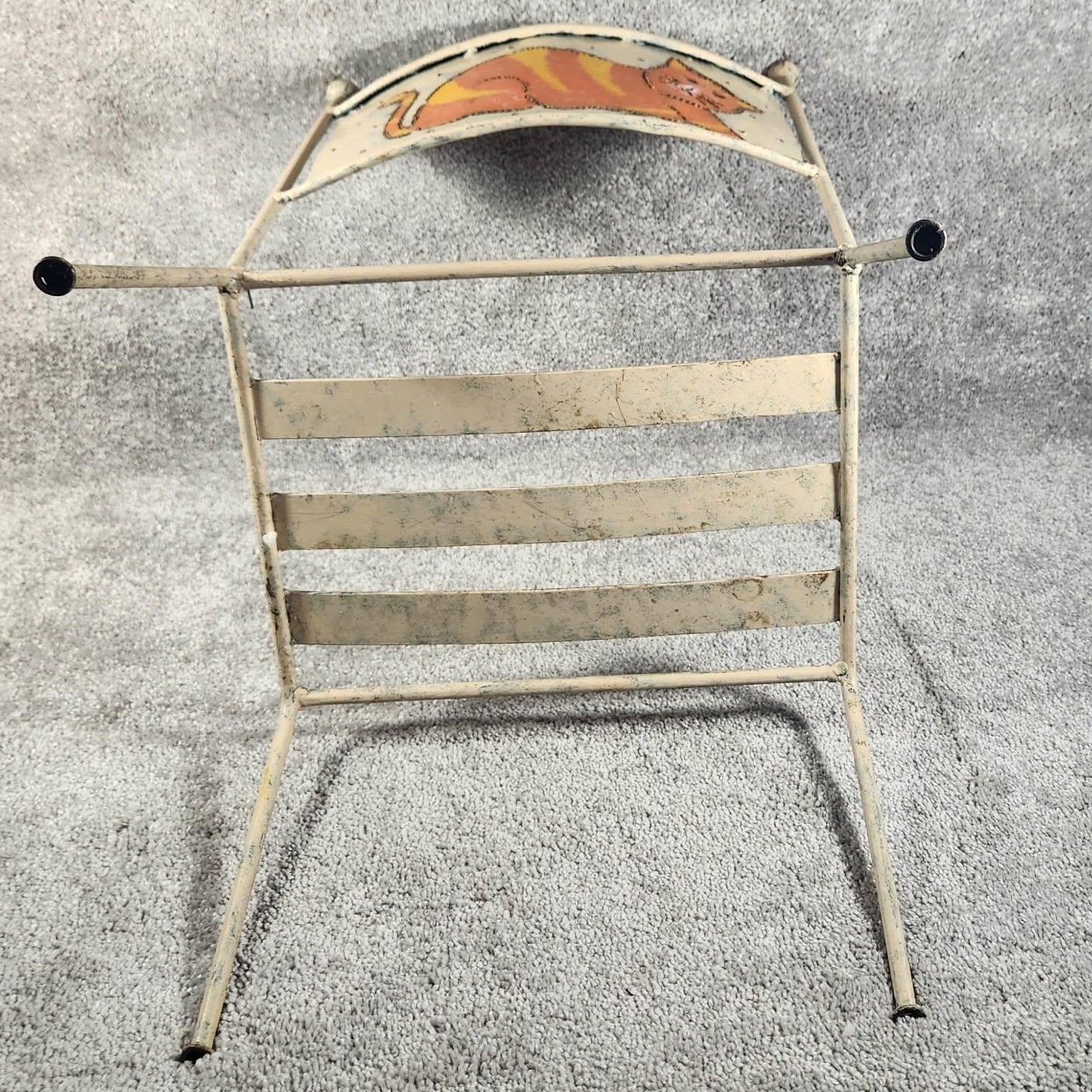 Child's Metal Chair Cream Orange Hand Painted Cat Vintage Whimsical Kids Size