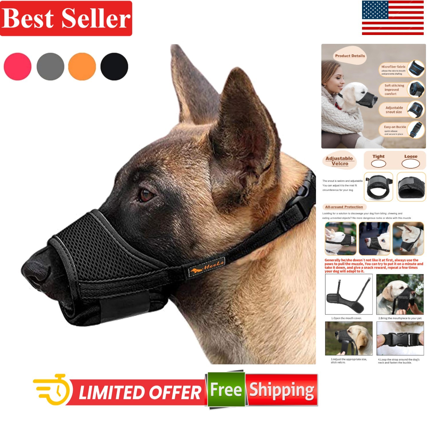 Adjustable Soft Nylon Dog Muzzle for Small, Medium & Large Breeds - Breathabl...