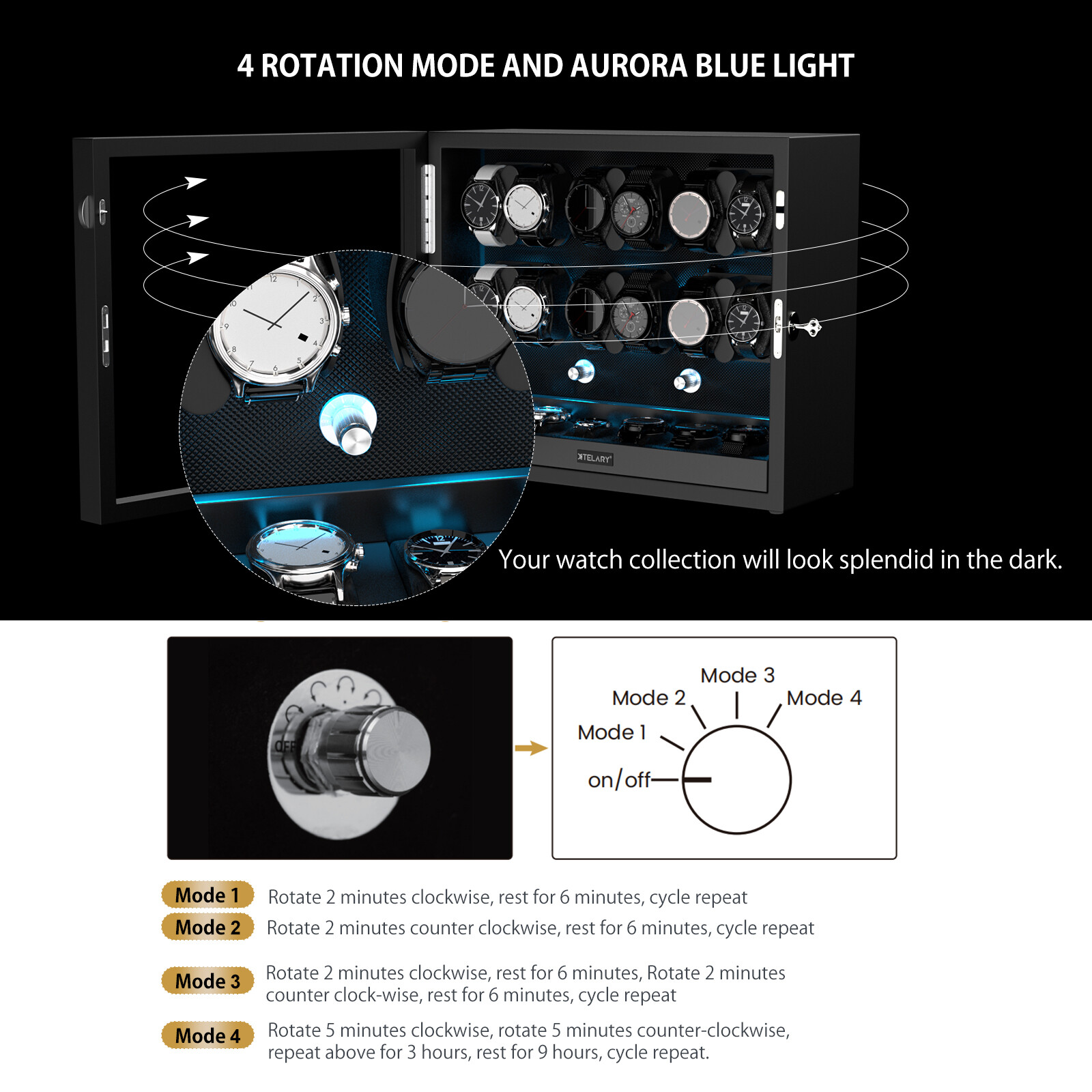 Automatic 12 Watch Winder Box With 6 Extra Storage Box With Mabuchi Motors LED