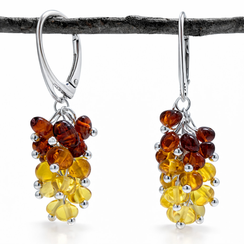 Baltic Amber Ombre Cluster Earrings, Sterling Silver Lever Back, Lemon Honey Che