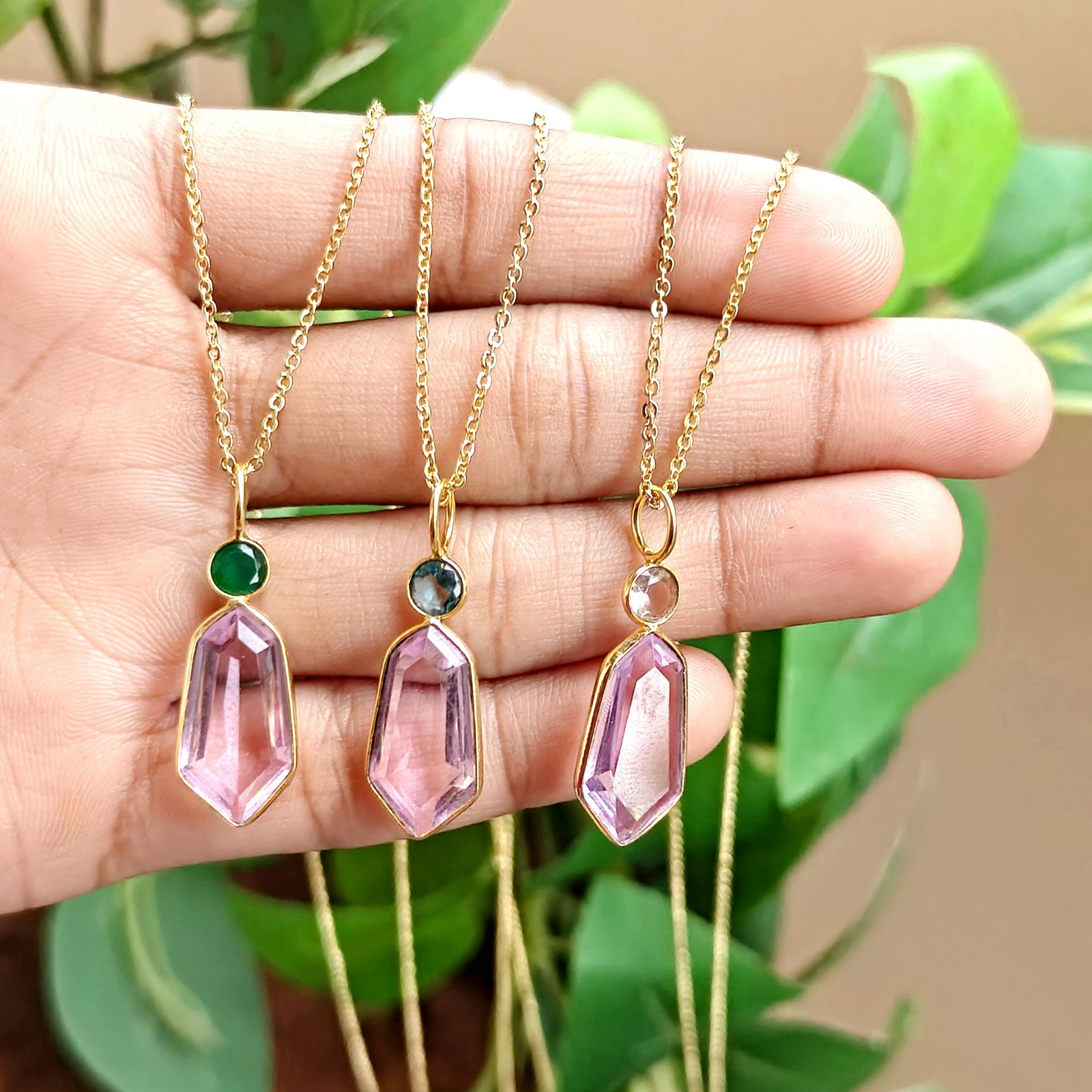 Pink Quartz Hexagon Pendant Necklace 18k Gold Plated Statement jewelry For Her