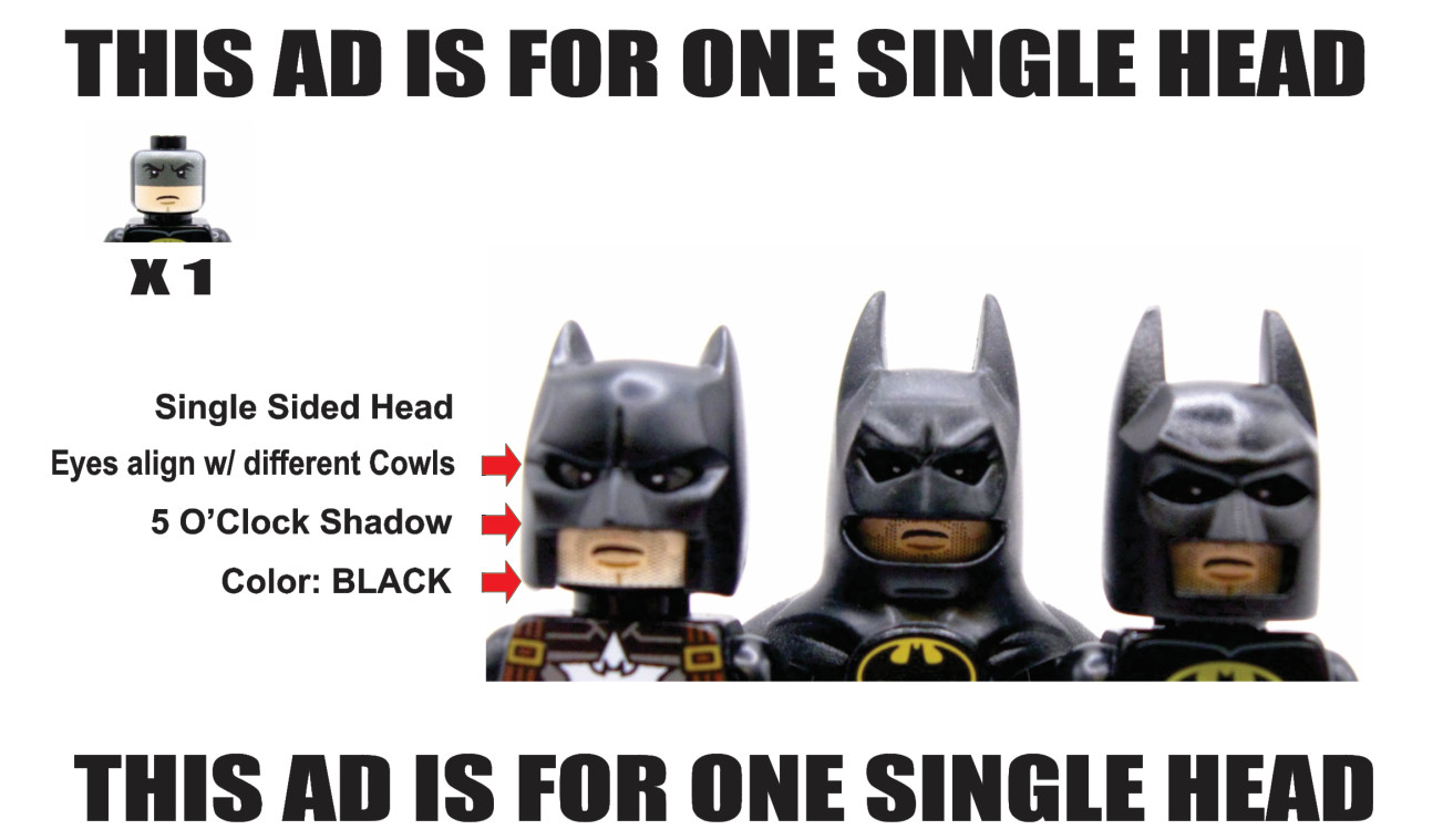 ONE Custom Head on Real LEGO® - FITS ALL BATMAN Cowls   - BLACK 5 O'Clock Shadow