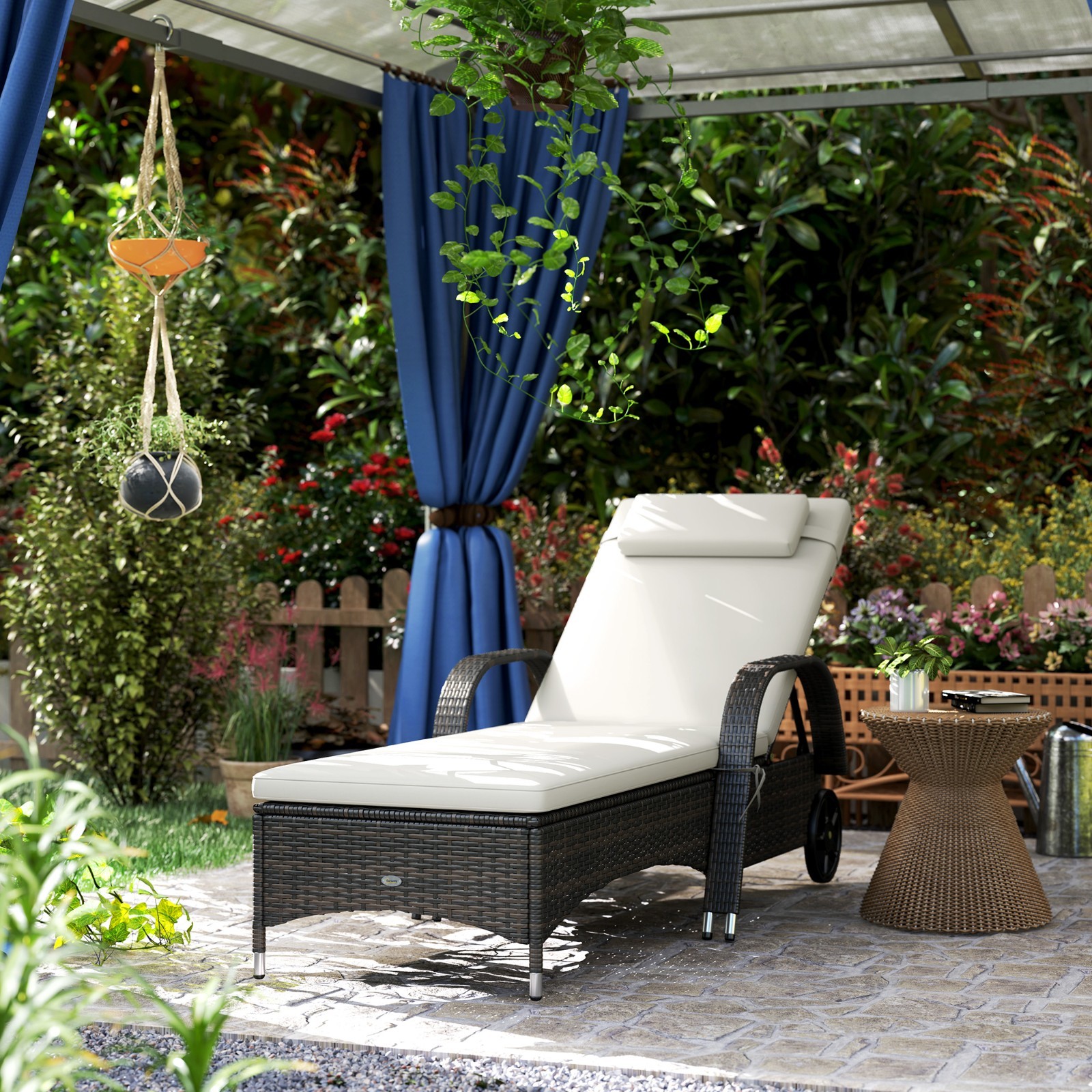 PE Rattan Chaise Lounge w/ Adjustable Back, Cushion & Wheels