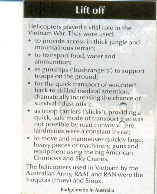 Remember Vietnam 18 August Pin backing information sheet " Lift Off "