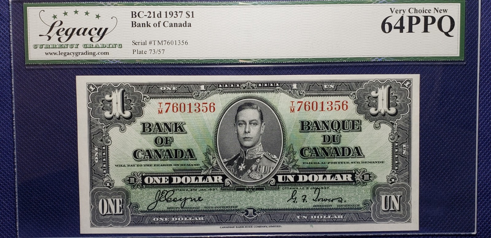 Bank of Canada 1937 BC-21d $1 Coyne-Towers (SN:T/M 7601356) Legacy 64 PPQ