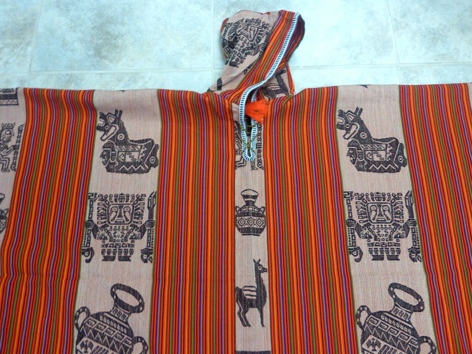 Andean Shamans Hooded Orange Tones with Colored Designs Poncho