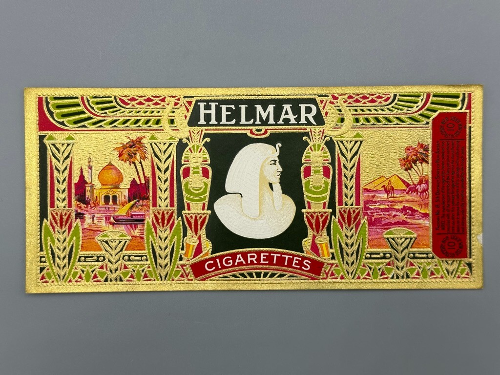 1941 HELMAR CIGARETTE PACKage Advertising LABEL Embossed Vintage Egypt Pharaoh