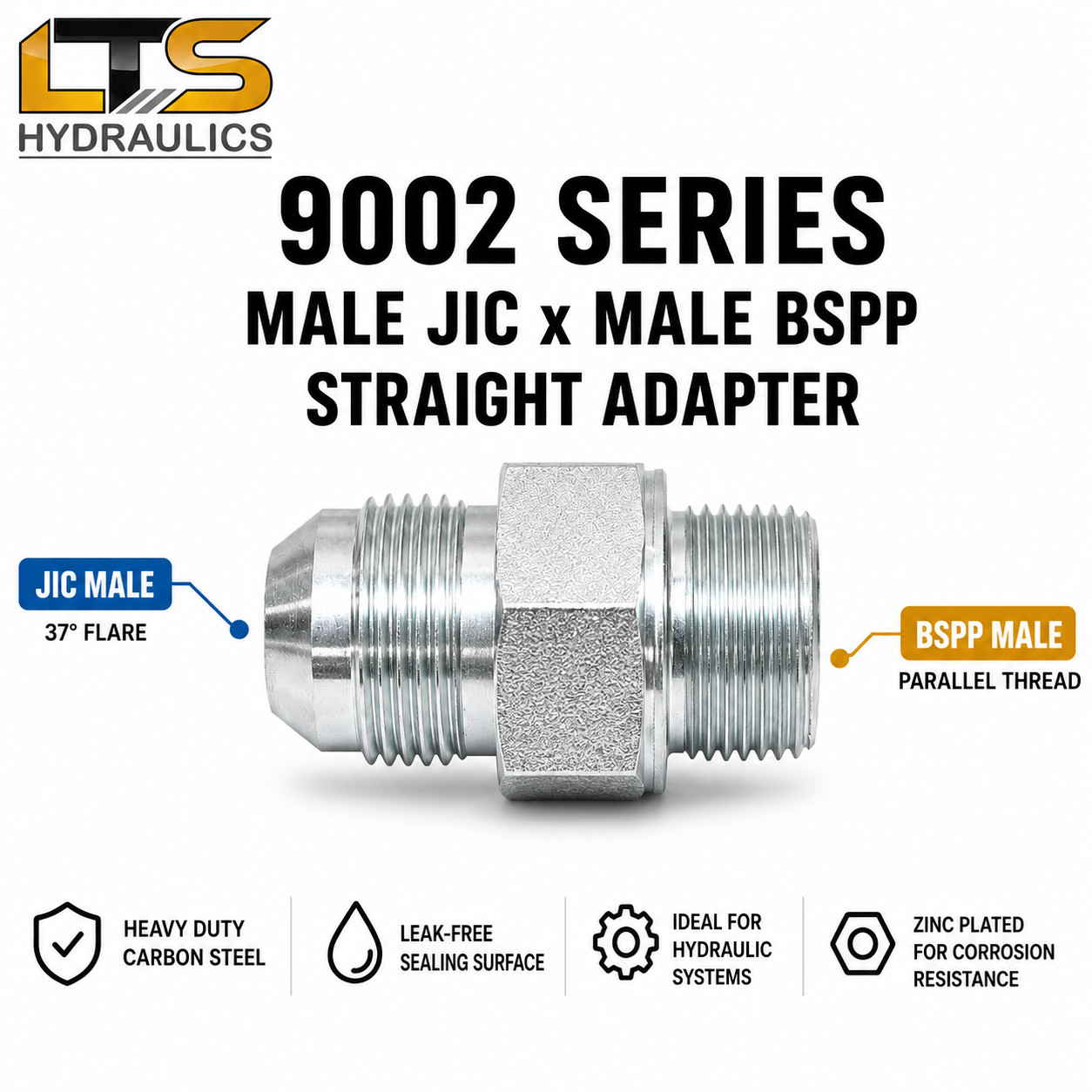 Male JIC x Male British Parallel Pipe BSPP Hydraulic Adapter Multiple Variations