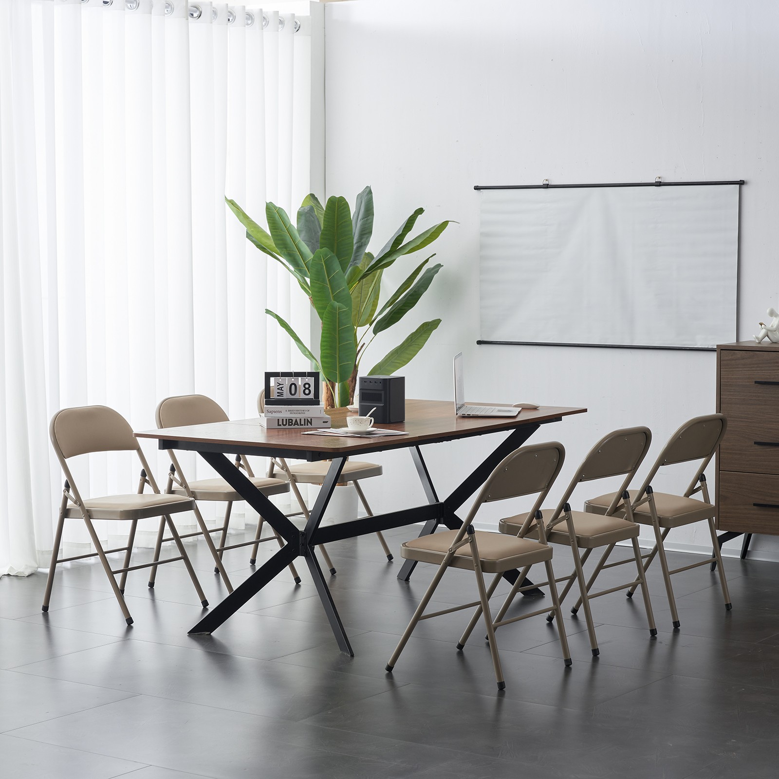 4pcs Elegant Foldable Iron & PVC Chairs for Convention & Exhibition Light Brown