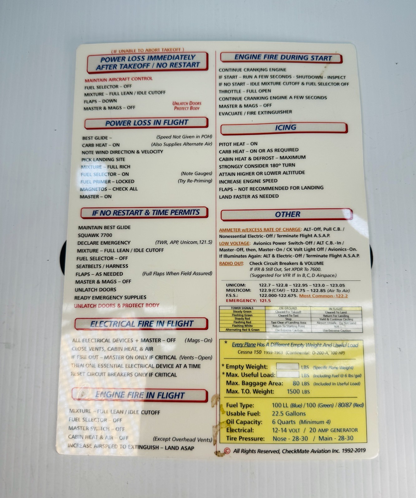 Cessna 150 Checklist Card CheckMate Pilot Quick Reference Emergency 1959-63