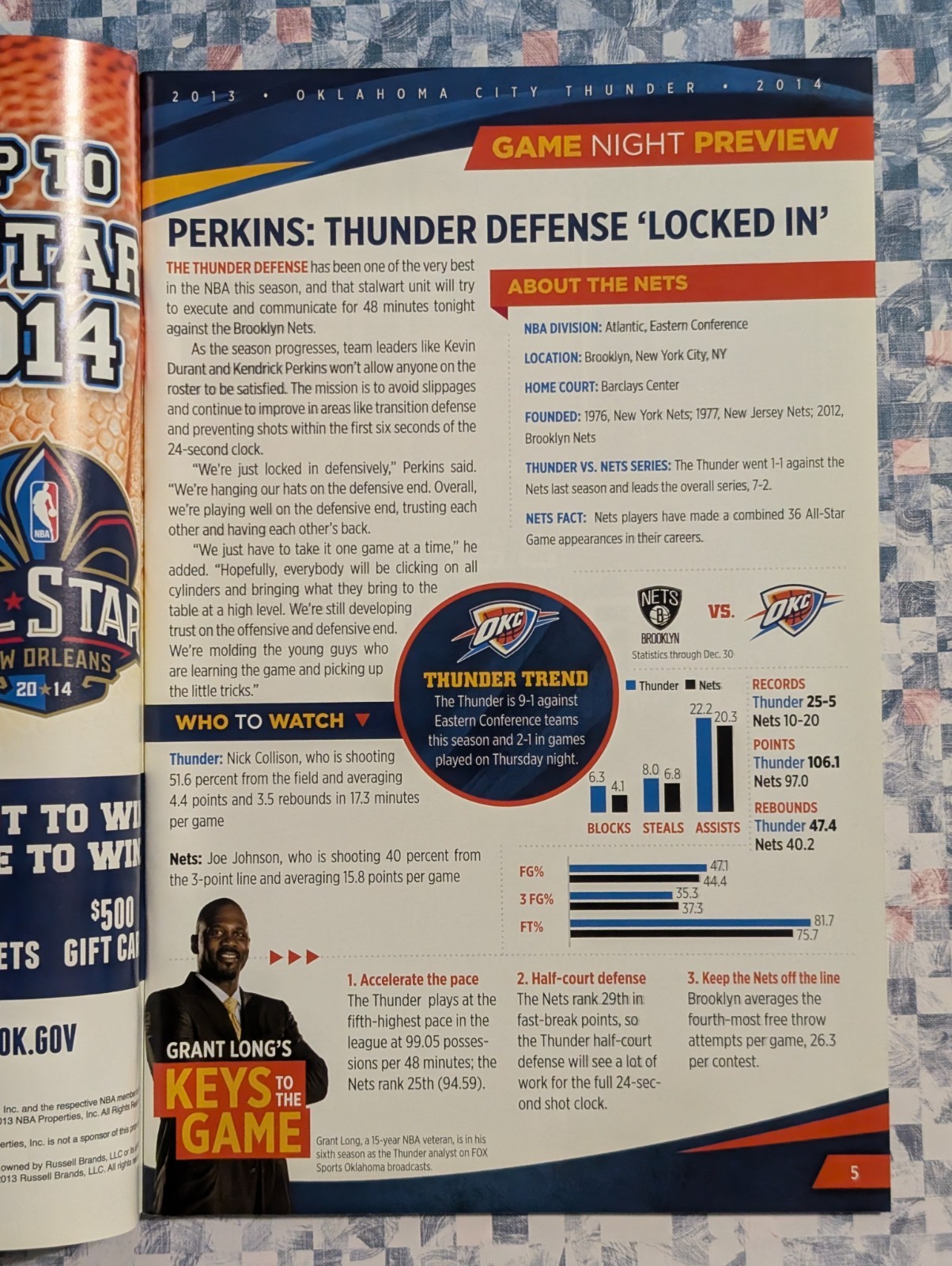 OKC Thunder GameNight Program - January 2, 2014 vs Nets - NBA Westbrook Durant