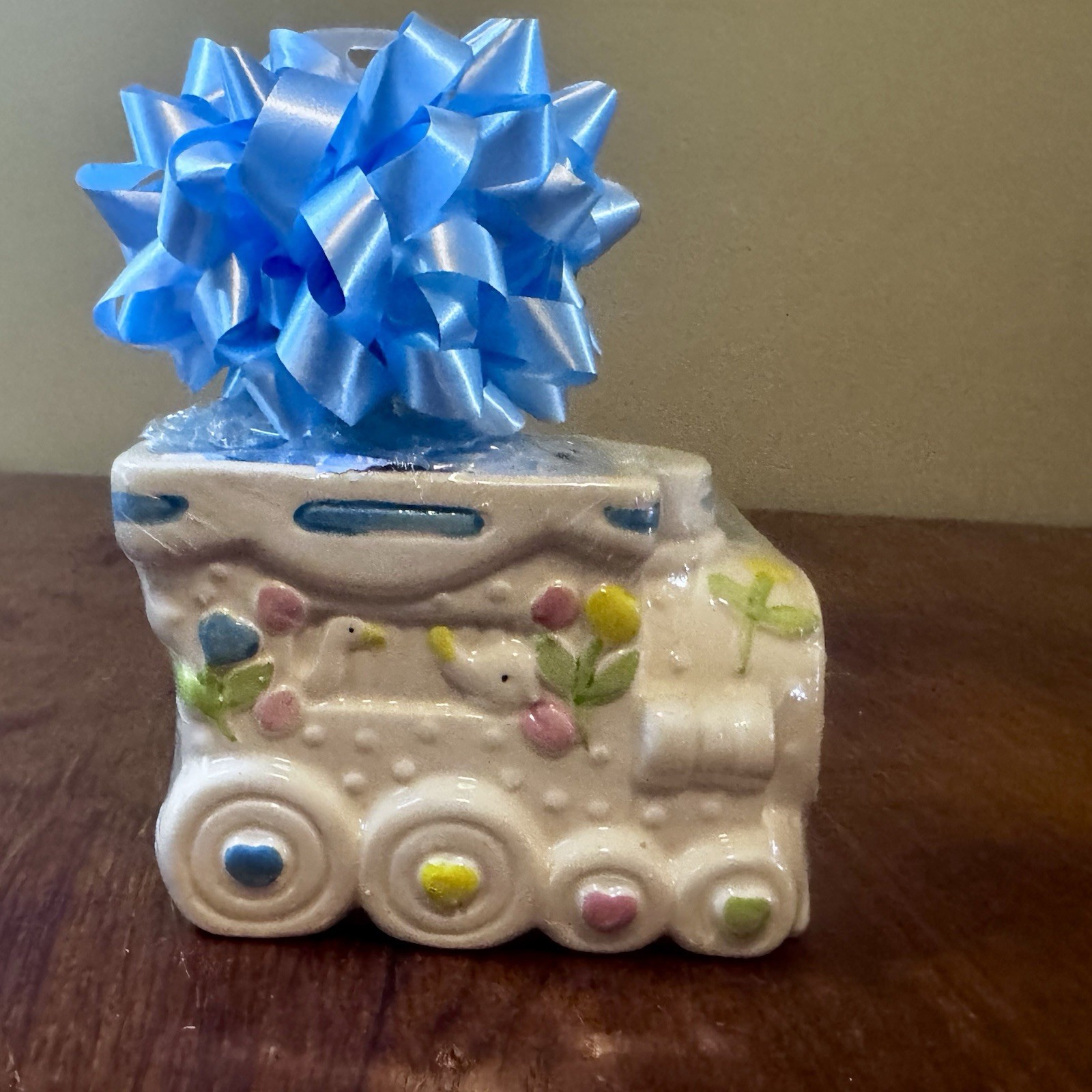 Ceramic Train Planter Baby Nursery Decor w/ Blue Bow New Wrapped