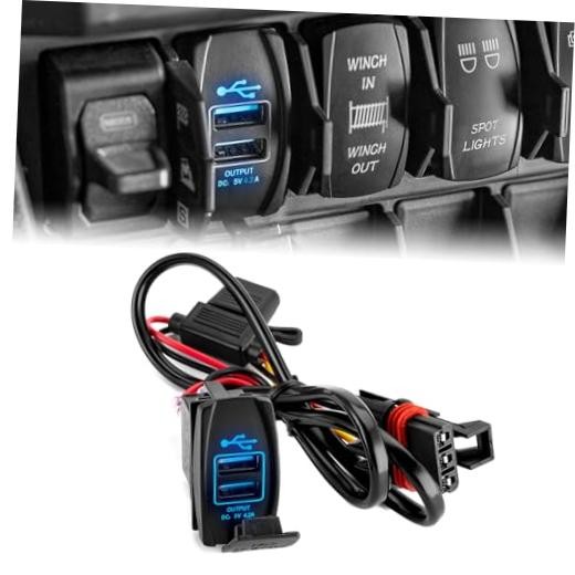 Plug & Play Dual USB 4.2A Charger, Rocker Switch Style 18 AWG 12V/24V Fast