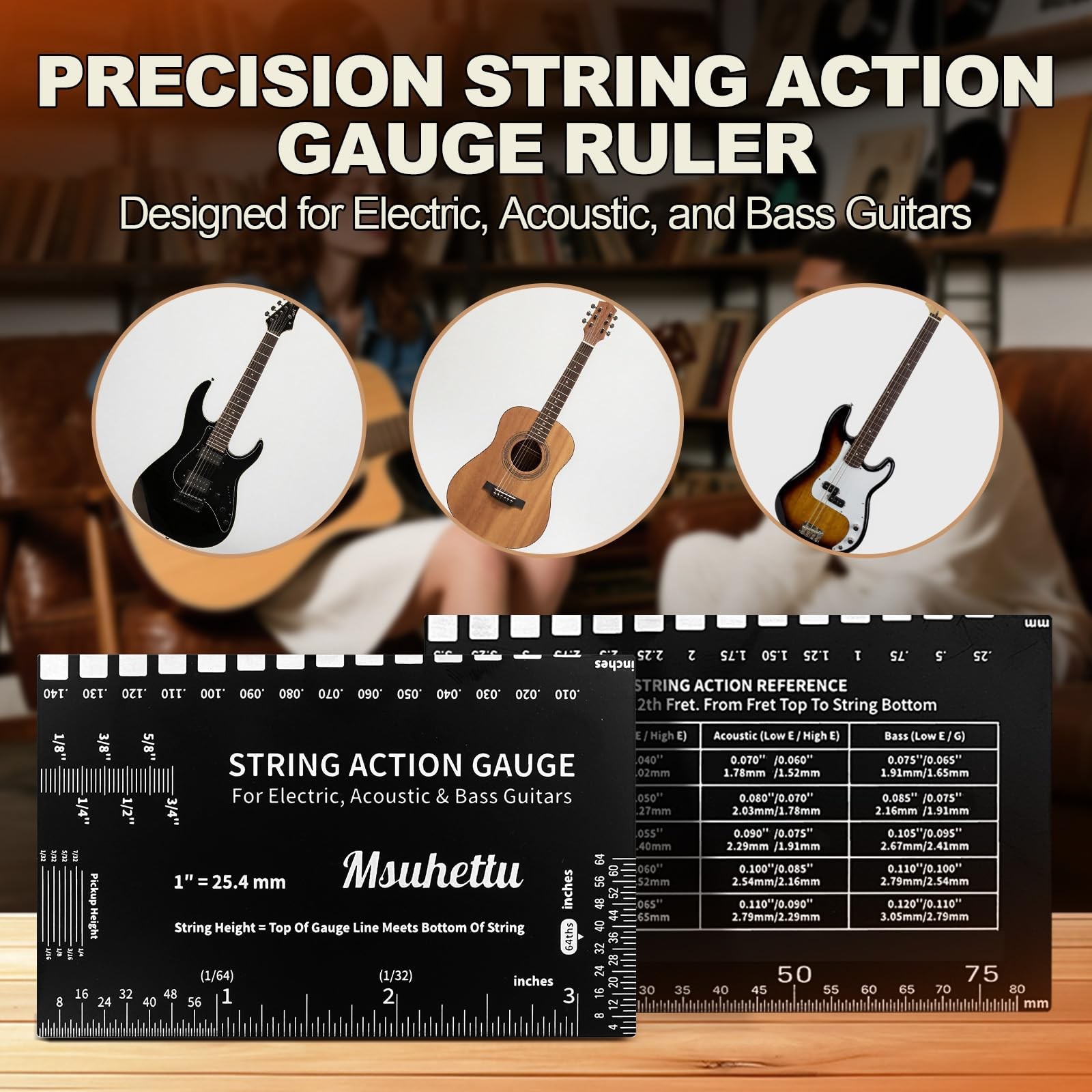 String Action Gauge Ruler, Upgraded Guitar Height Black (Etched)