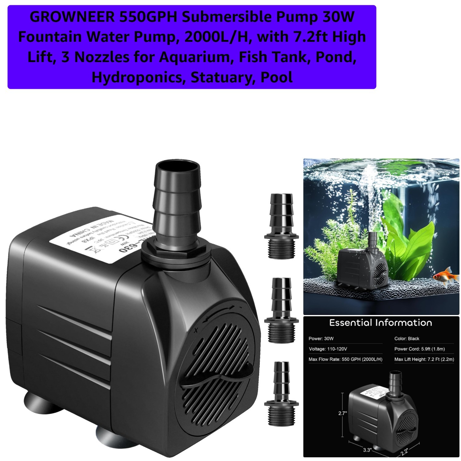 550GPH Submersible Pump 30W Fountain Water Pump, 2000L/H, with 7.2ft High Lif...