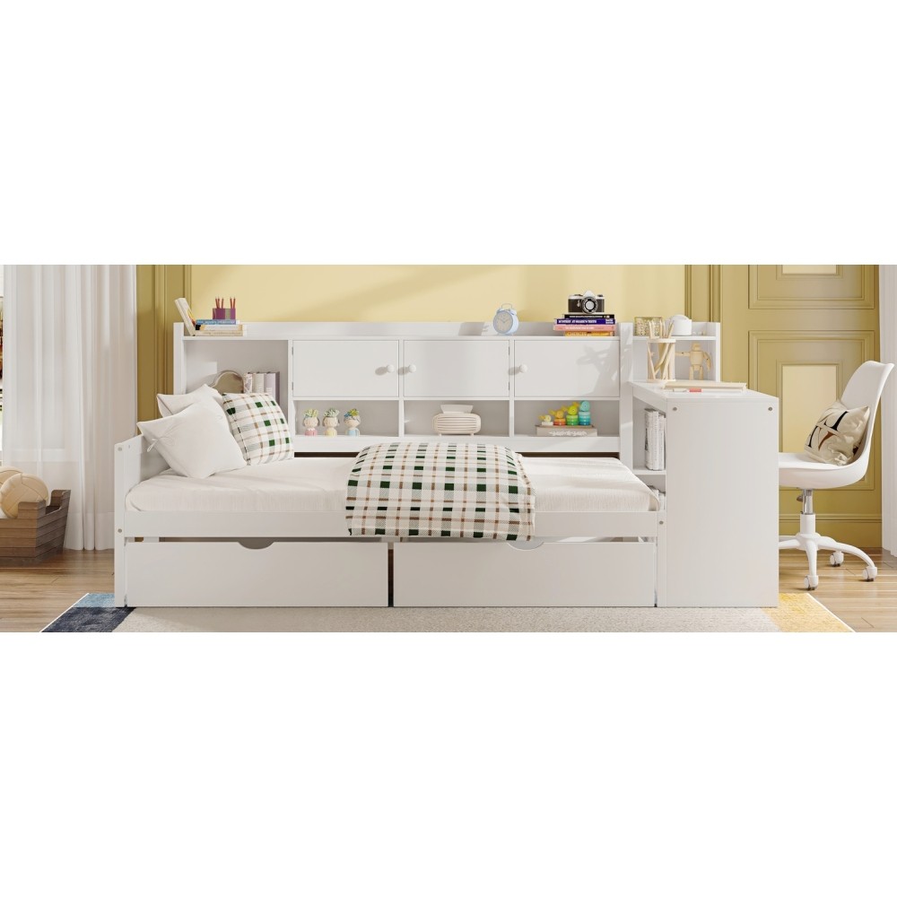 White L-Shape Daybed w/ Storage Cabinets & Desk, Twin Size