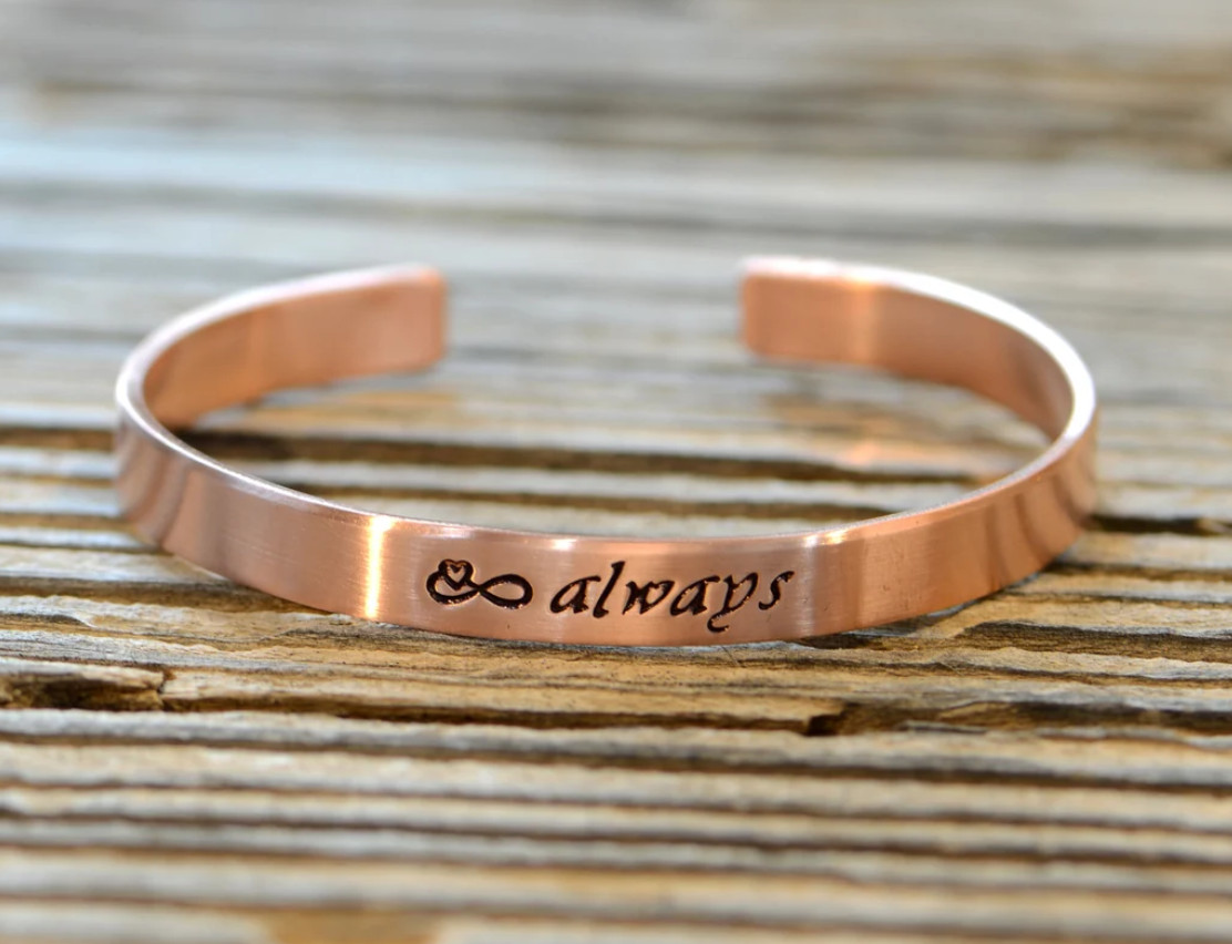 Copper bracelet - hand stamped with infinity sign with heart and always
