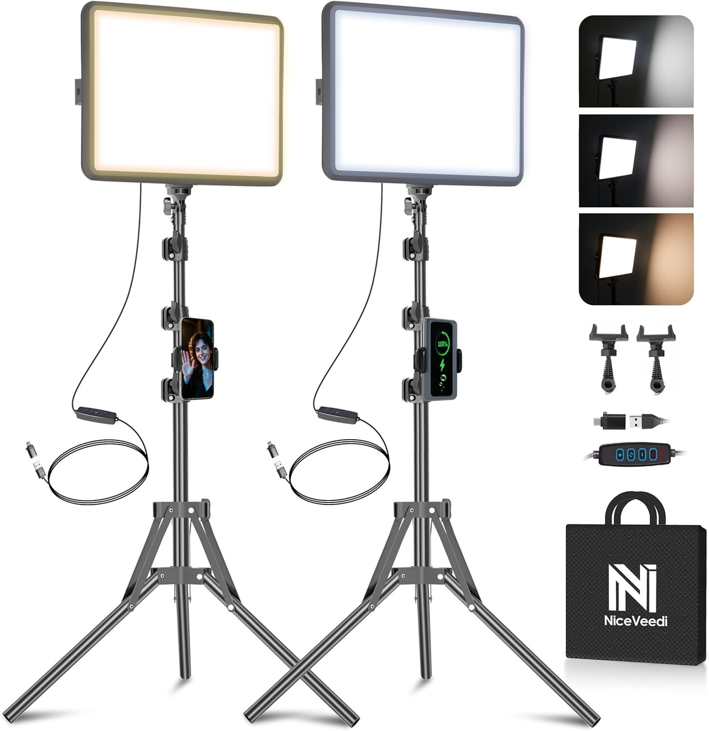 2-Pack Dimmable Photography Lights with Tripod Holder & USB Connectivity