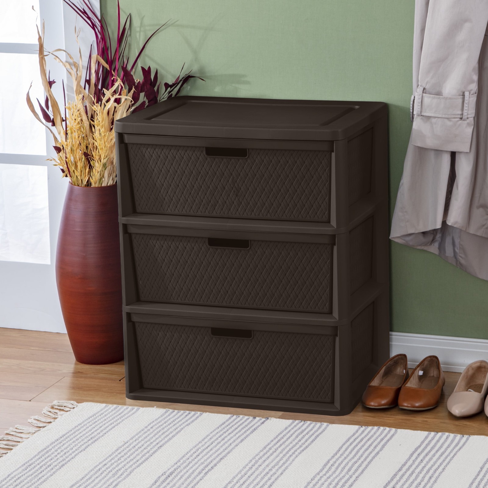 Sterilite Wide 3 Drawer Storage Tower Brown