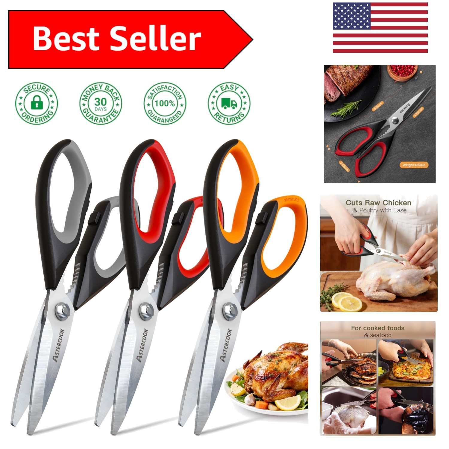 Serrated Edge Kitchen Scissors: 3 Pack with Ergonomic Design for Effortless Use