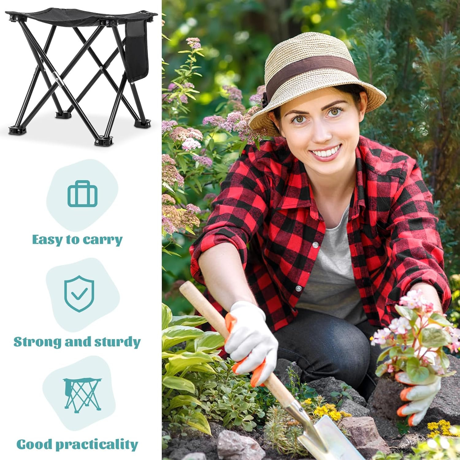 2 Pack Camping Stool 13 Inch Portable Folding Camp Stool with Side Pocket for Ca