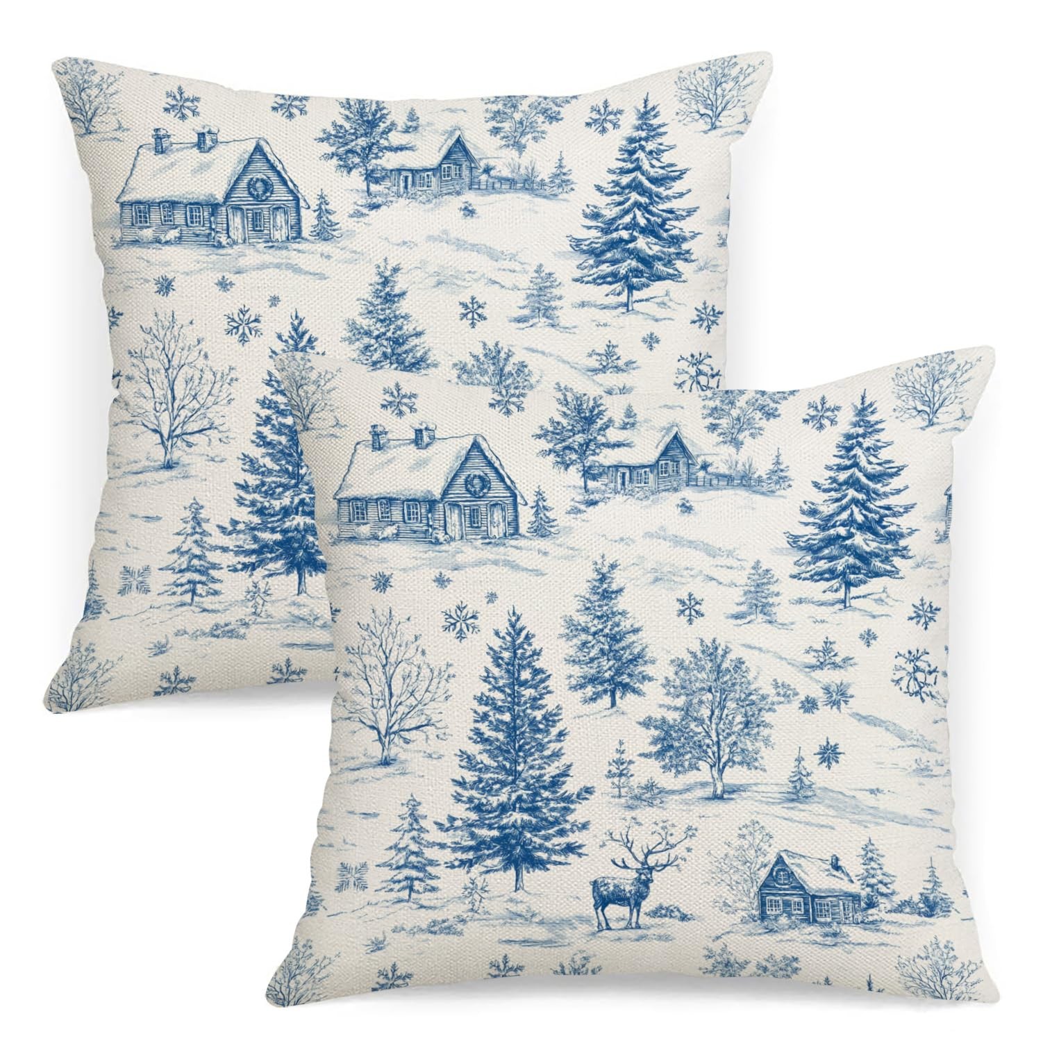 Christmas Pillow Covers 18x18 inch Set of 2 Blue Holiday Vintage Traditional ...