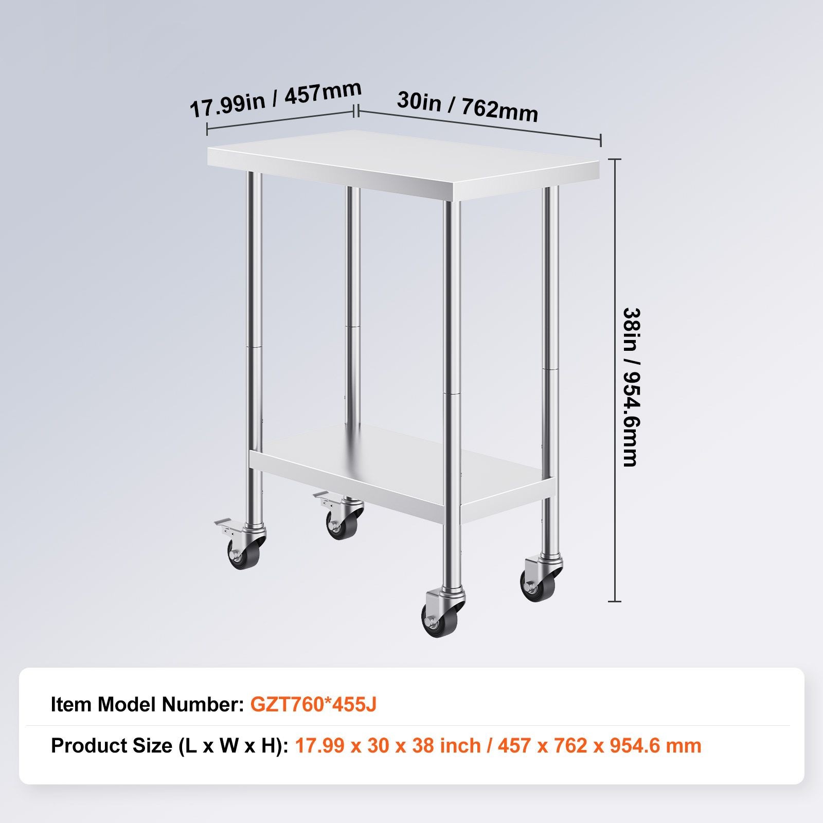 30x18x38in Stainless Steel Work Table with 3 Adjustable Levels