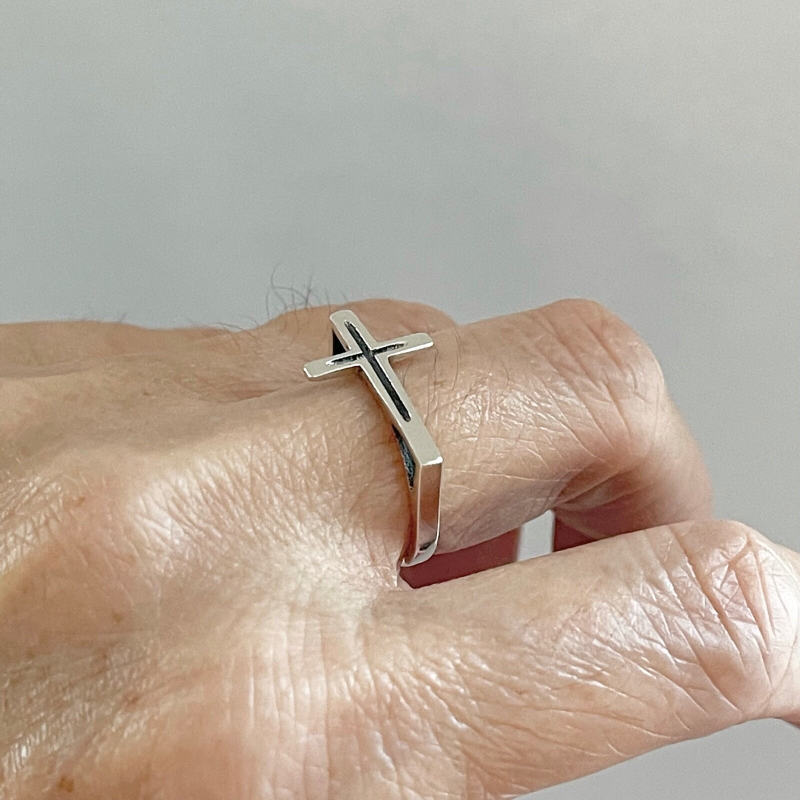 Sterling Silver Unisex Large Sideway Cross Ring, Religious Ring, Silver Rings